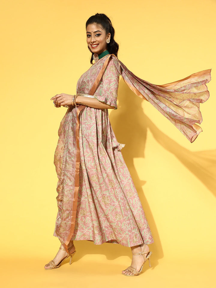 Pink & Green Floral Print Dress with Dupatta-Yufta Store-9604DRSPCS