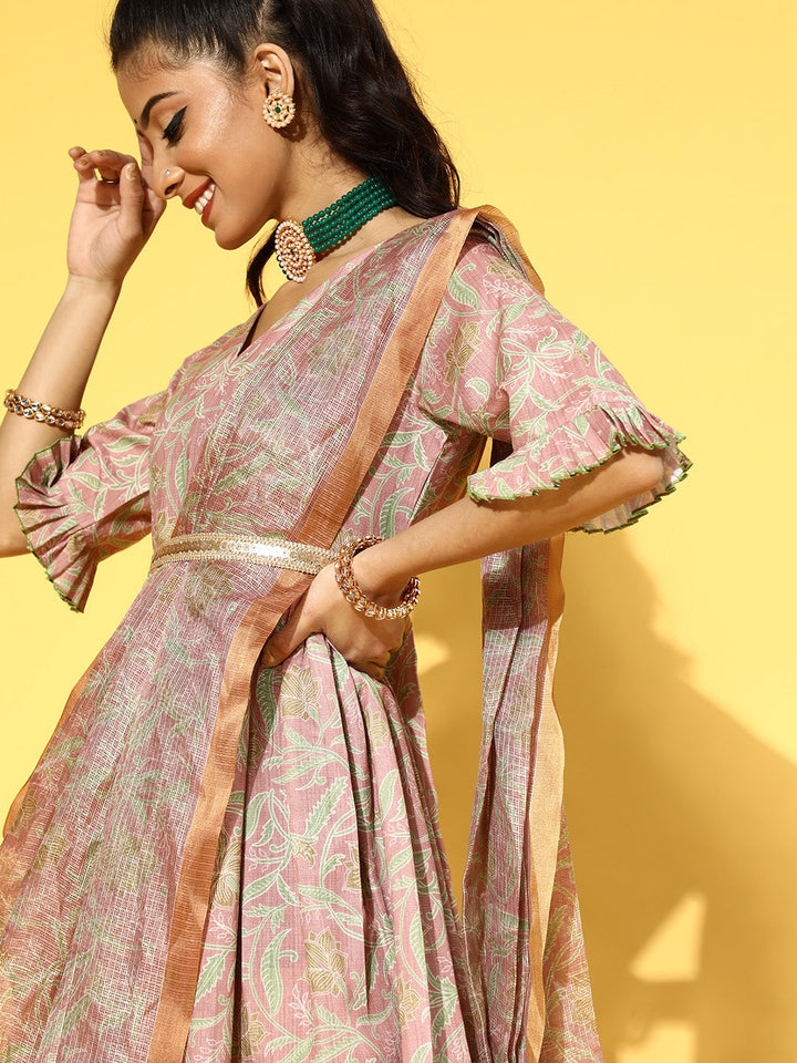 Pink & Green Floral Print Dress with Dupatta-Yufta Store-9604DRSPCS