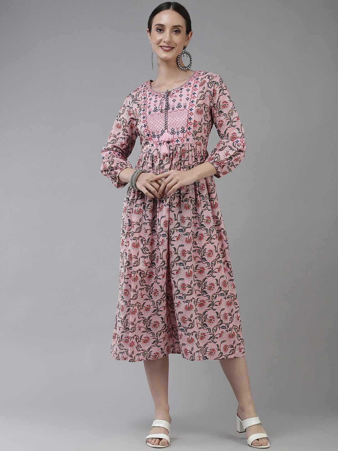 Pink & Grey Printed Ethnic Dress