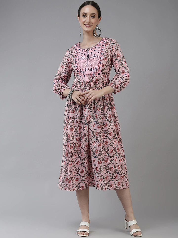 Pink & Grey Printed Ethnic Dress-Yufta Store-5214DRSPKS