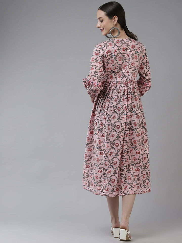 Pink & Grey Printed Ethnic Dress-Yufta Store-5214DRSPKS