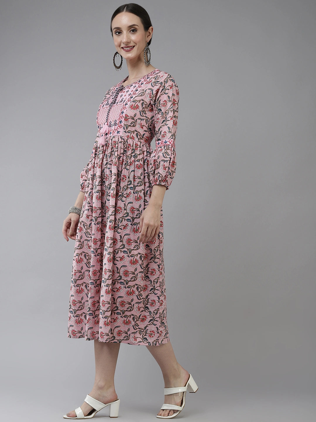 Pink & Grey Printed Ethnic Dress