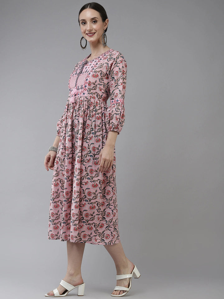 Pink & Grey Printed Ethnic Dress-Yufta Store-5214DRSPKS