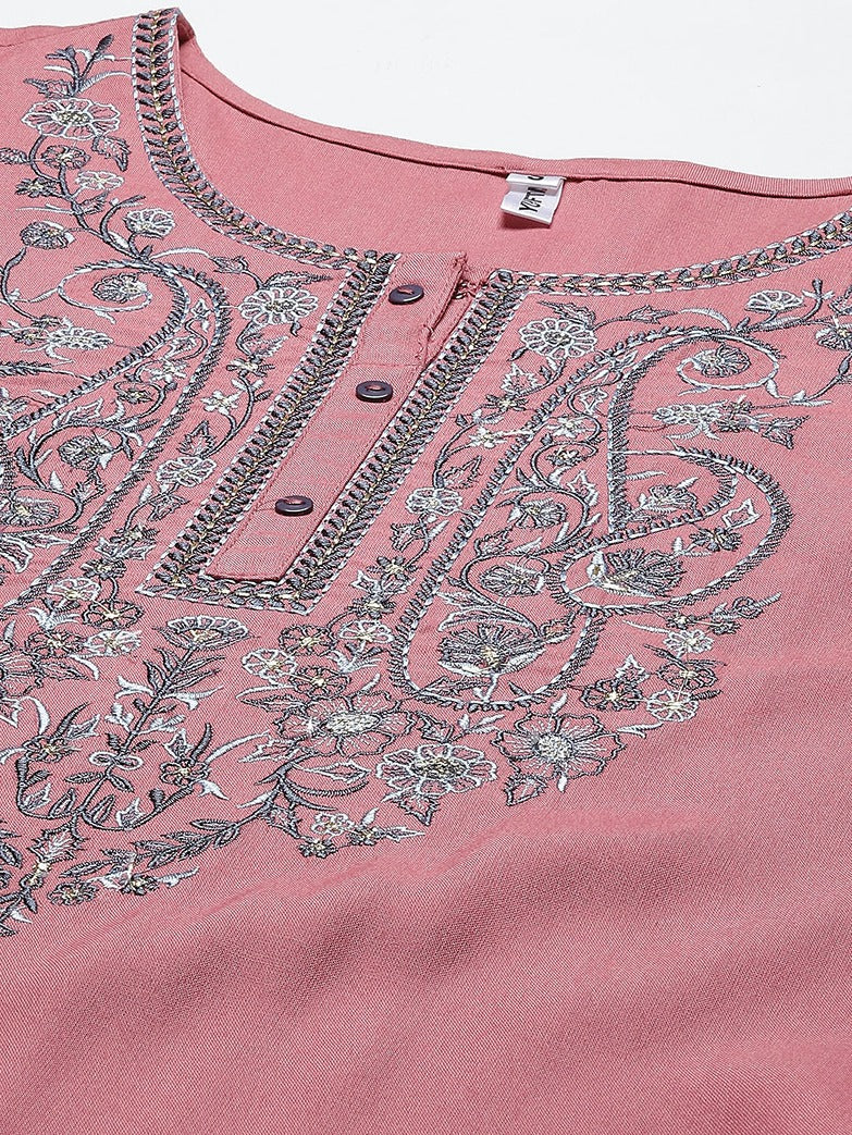 Pink & Grey Yoke Design Dupatta Set-Yufta Store-9284SKDPRS