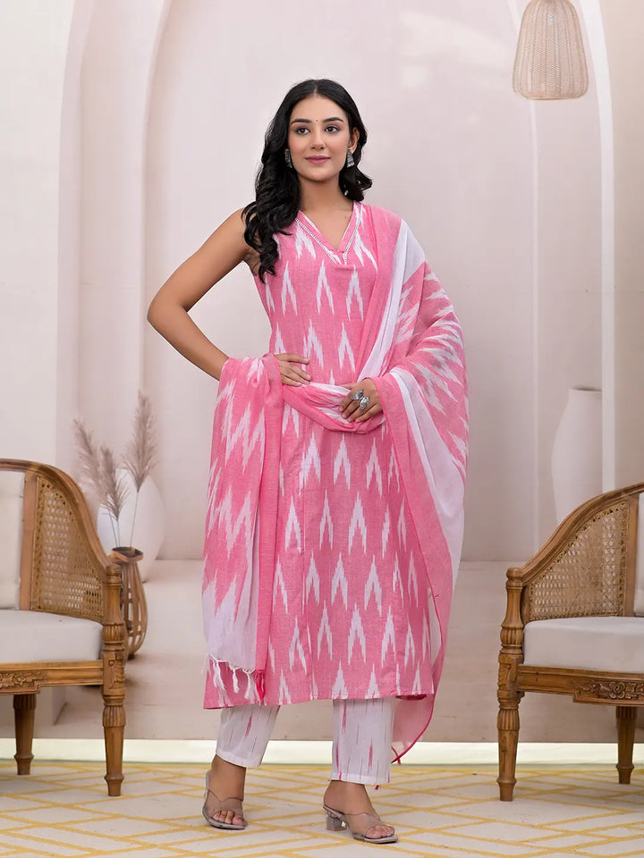 Pink Ikat Print Pure Cotton A-Line Suit Set-Yufta Store-1774SKDPKS