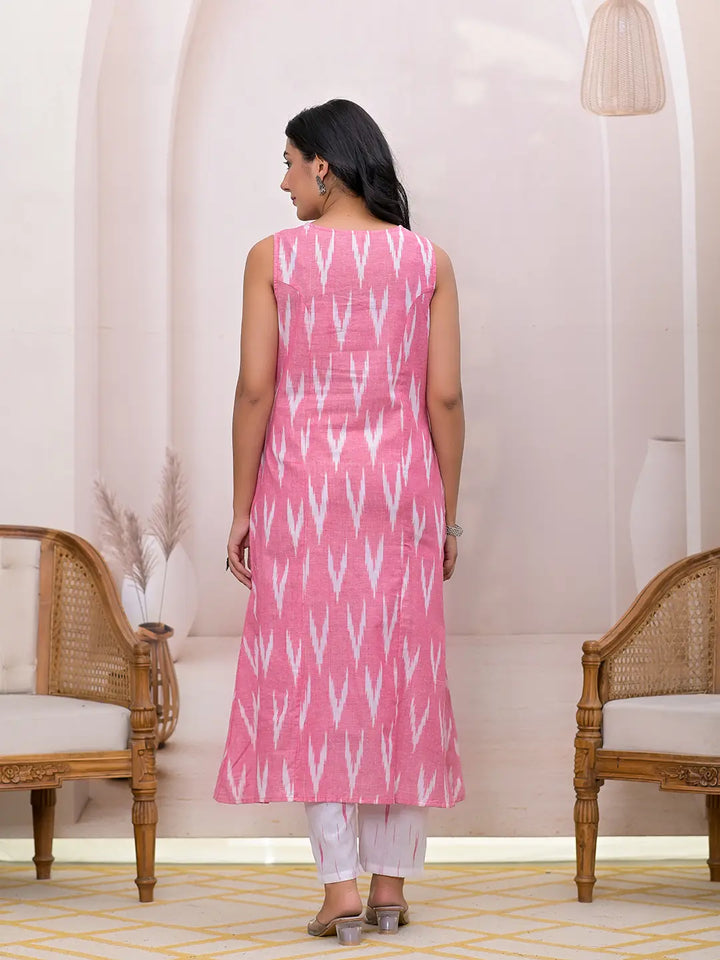 Pink Ikat Print Pure Cotton A-Line Suit Set-Yufta Store-1774SKDPKS