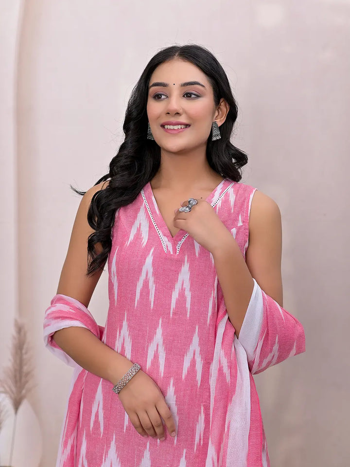 Pink Ikat Print Pure Cotton A-Line Suit Set-Yufta Store-1774SKDPKS