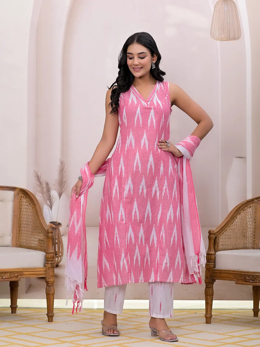 Pink Ikat Print Pure Cotton A-Line Suit Set-Yufta Store-1774SKDPKS