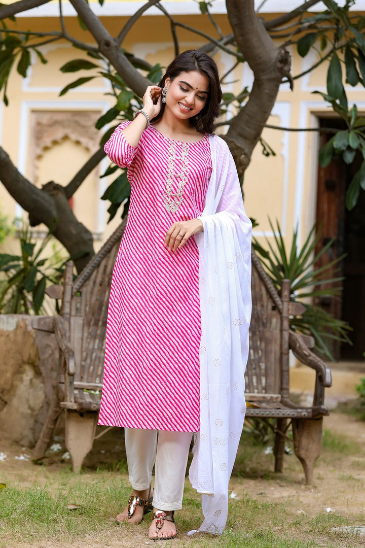 Pink Lehariya Dupatta Set-Yufta Store-9246SKDPKS