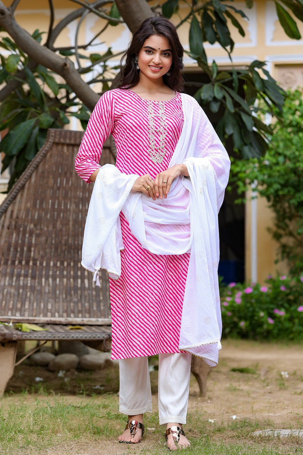 Pink Lehariya Dupatta Set-Yufta Store-9246SKDPKS