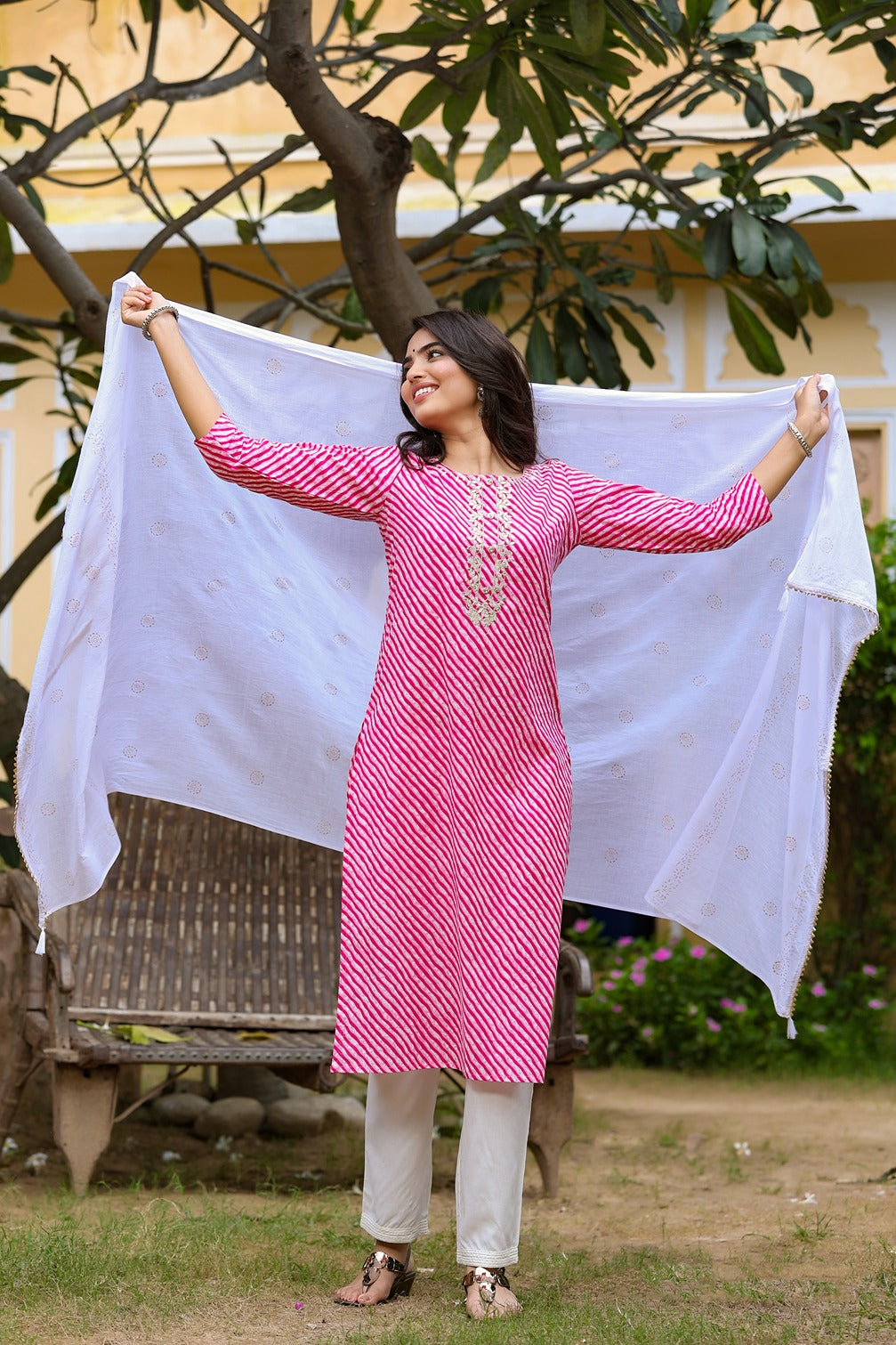 Pink Lehariya Dupatta Set-Yufta Store-9246SKDPKS