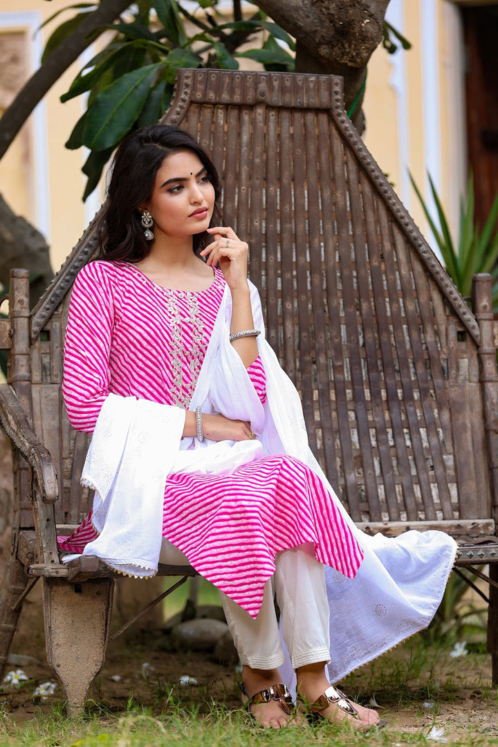 Pink Lehariya Dupatta Set-Yufta Store-9246SKDPKS