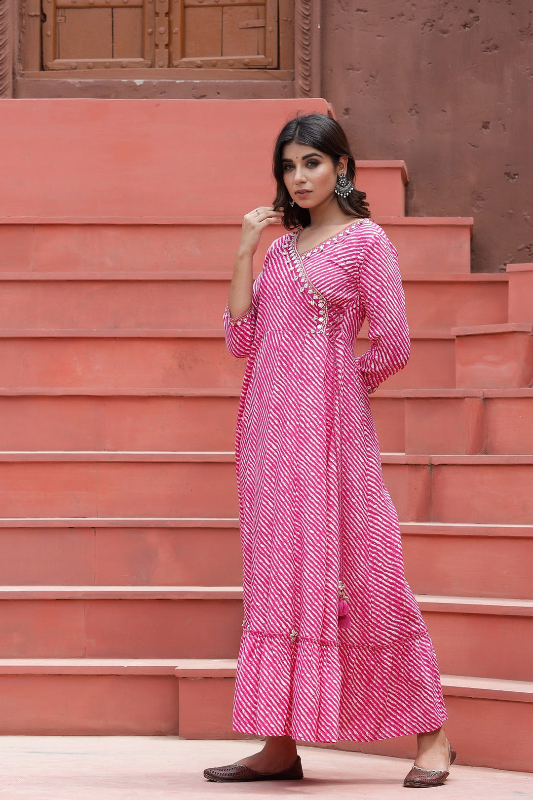 Pink Lehariya Printed Dress-Yufta Store-9201DRSPKS