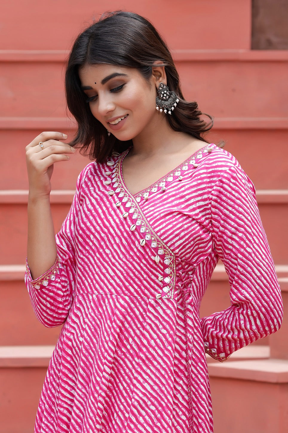 Pink Lehariya Printed Dress-Yufta Store-9201DRSPKS