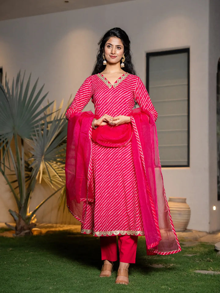 Pink Leheriya Print Cotton A-Line Suit Set-Yufta Store-7001SKDPKS