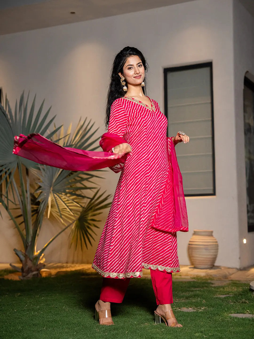 Pink Leheriya Print Cotton A-Line Suit Set-Yufta Store-7001SKDPKS