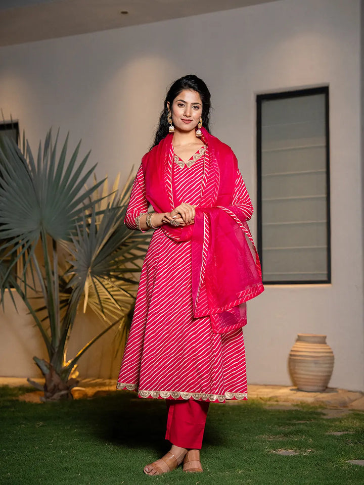 Pink Leheriya Print Cotton A-Line Suit Set-Yufta Store-7001SKDPKS