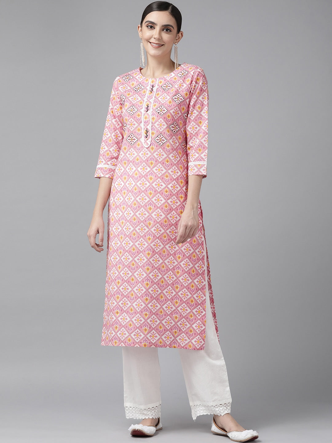 Pink & Off White Printed Kurta-Yufta Store-9636KURPKS