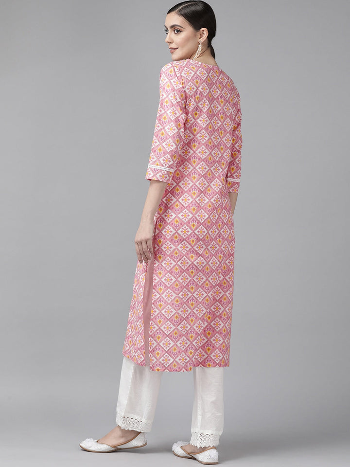 Pink & Off White Printed Kurta-Yufta Store-9636KURPKS