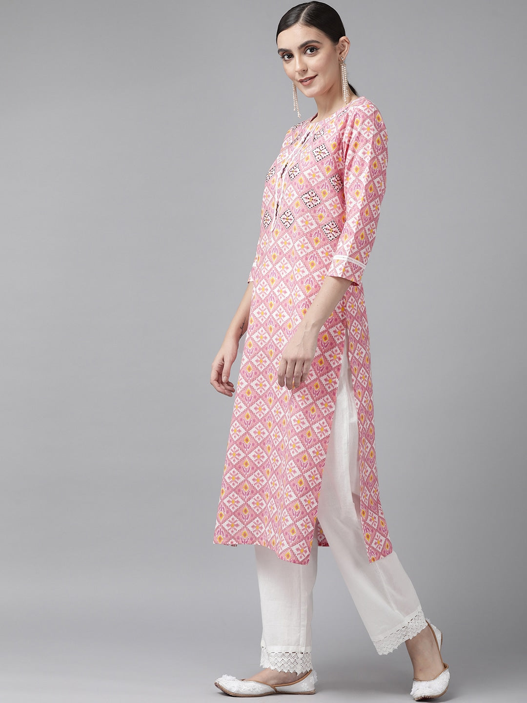 Pink & Off White Printed Kurta-Yufta Store-9636KURPKS