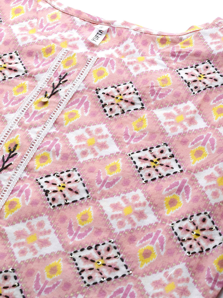 Pink & Off White Printed Kurta-Yufta Store-9636KURPKS