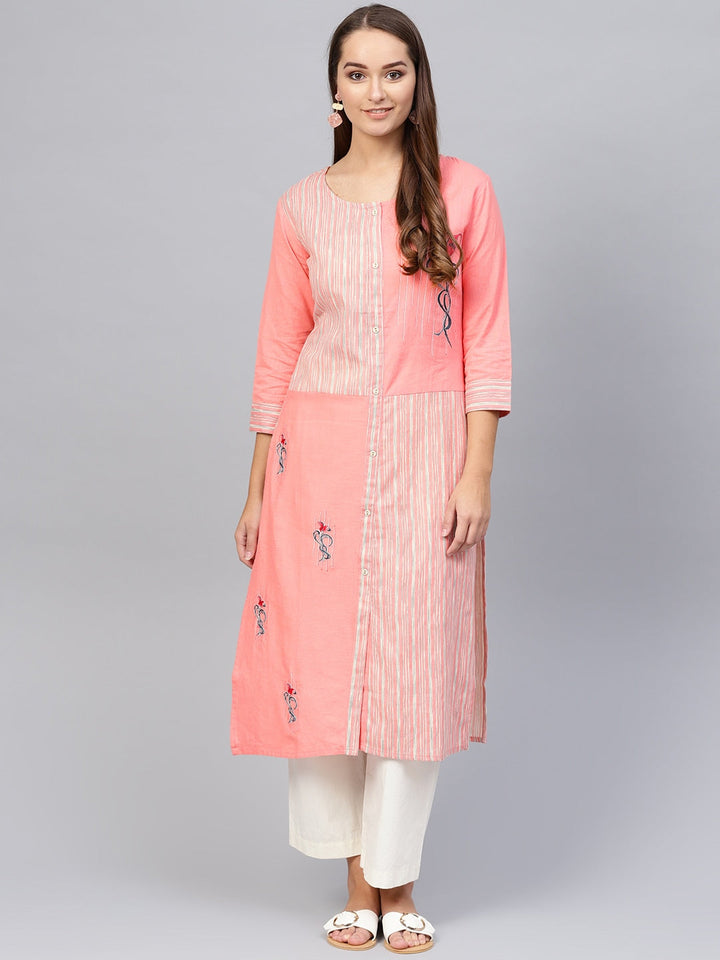 Pink & Off-White Striped Kurta-Yufta Store-840KURPKS