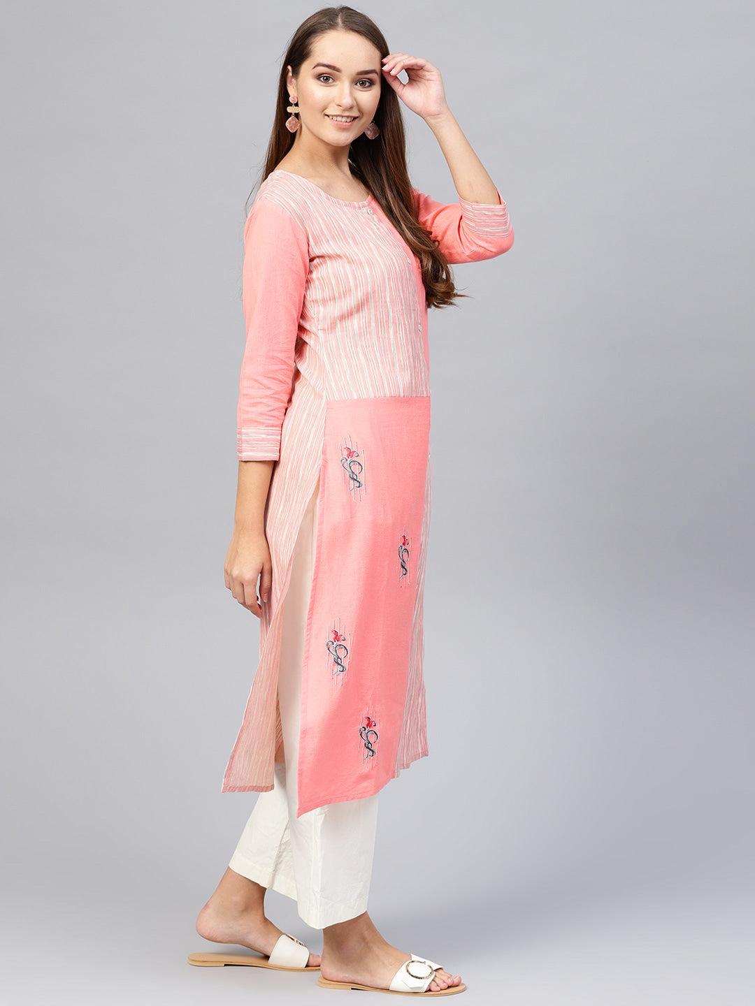 Pink & Off-White Striped Kurta-Yufta Store-840KURPKS