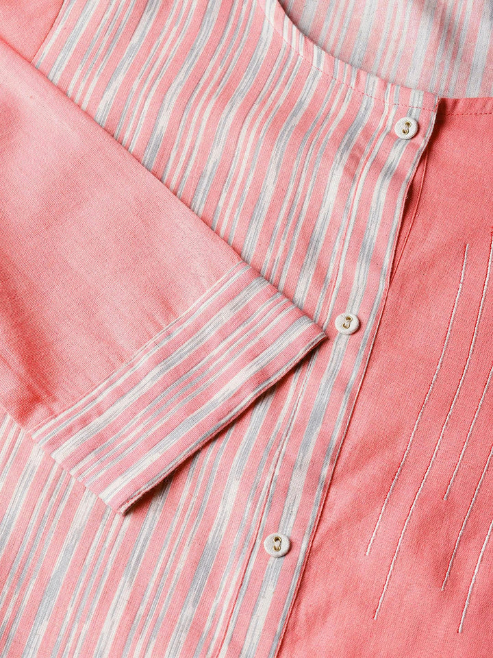 Pink & Off-White Striped Kurta-Yufta Store-840KURPKS