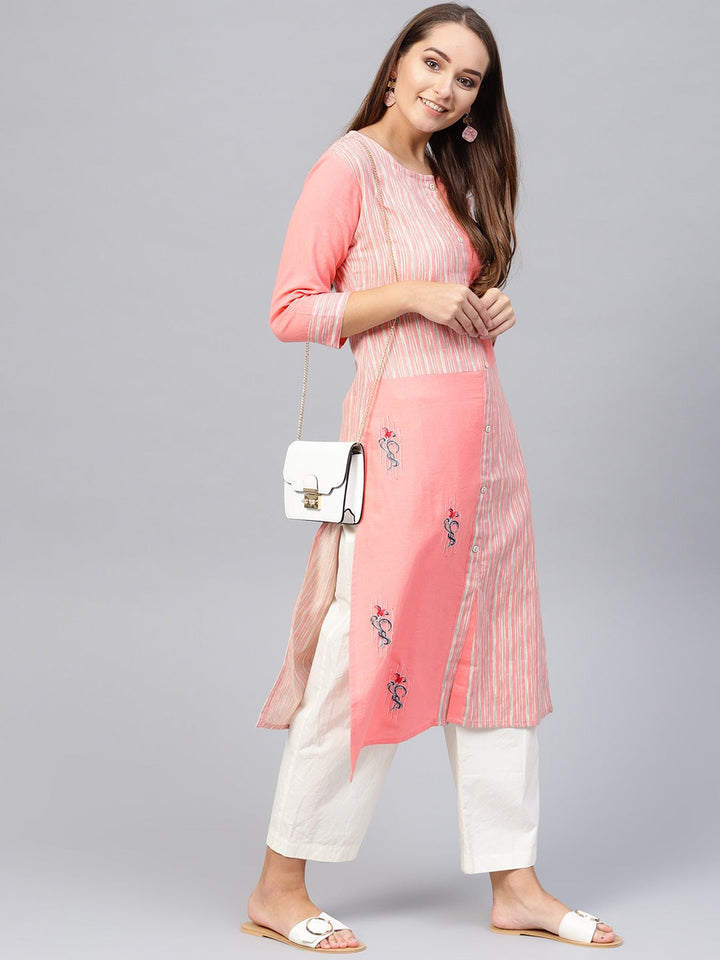 Pink & Off-White Striped Kurta-Yufta Store-840KURPKS