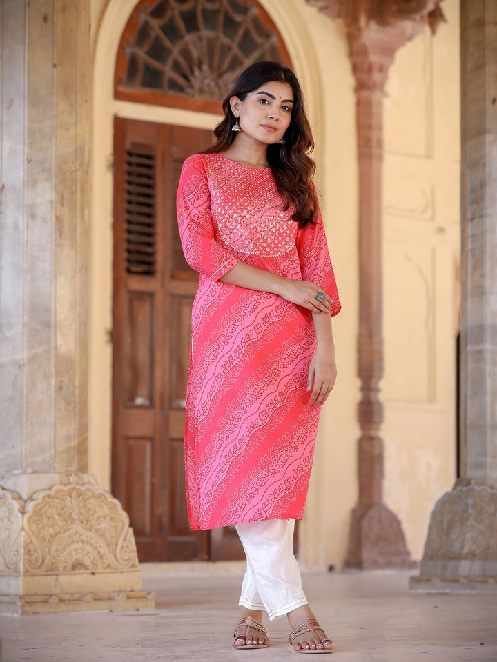 Pink & Offwhite Bhandhej Printed Kurta Set-Yufta Store-9326SETPKS