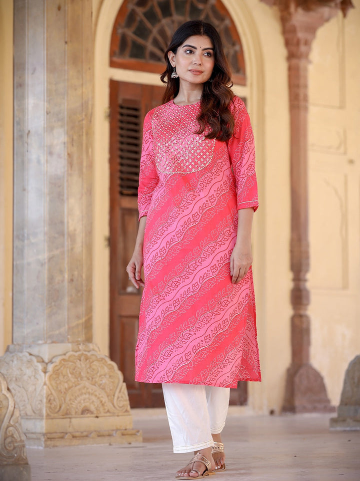 Pink & Offwhite Bhandhej Printed Kurta Set-Yufta Store-9326SETPKS