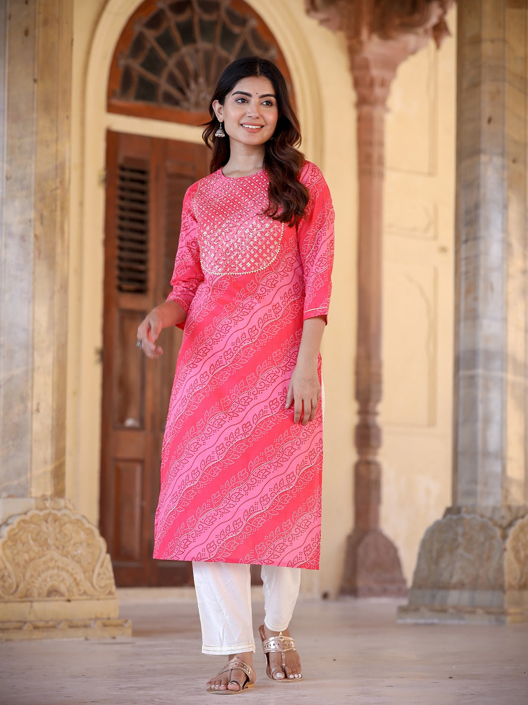 Pink & Offwhite Bhandhej Printed Kurta Set-Yufta Store-9326SETPKS