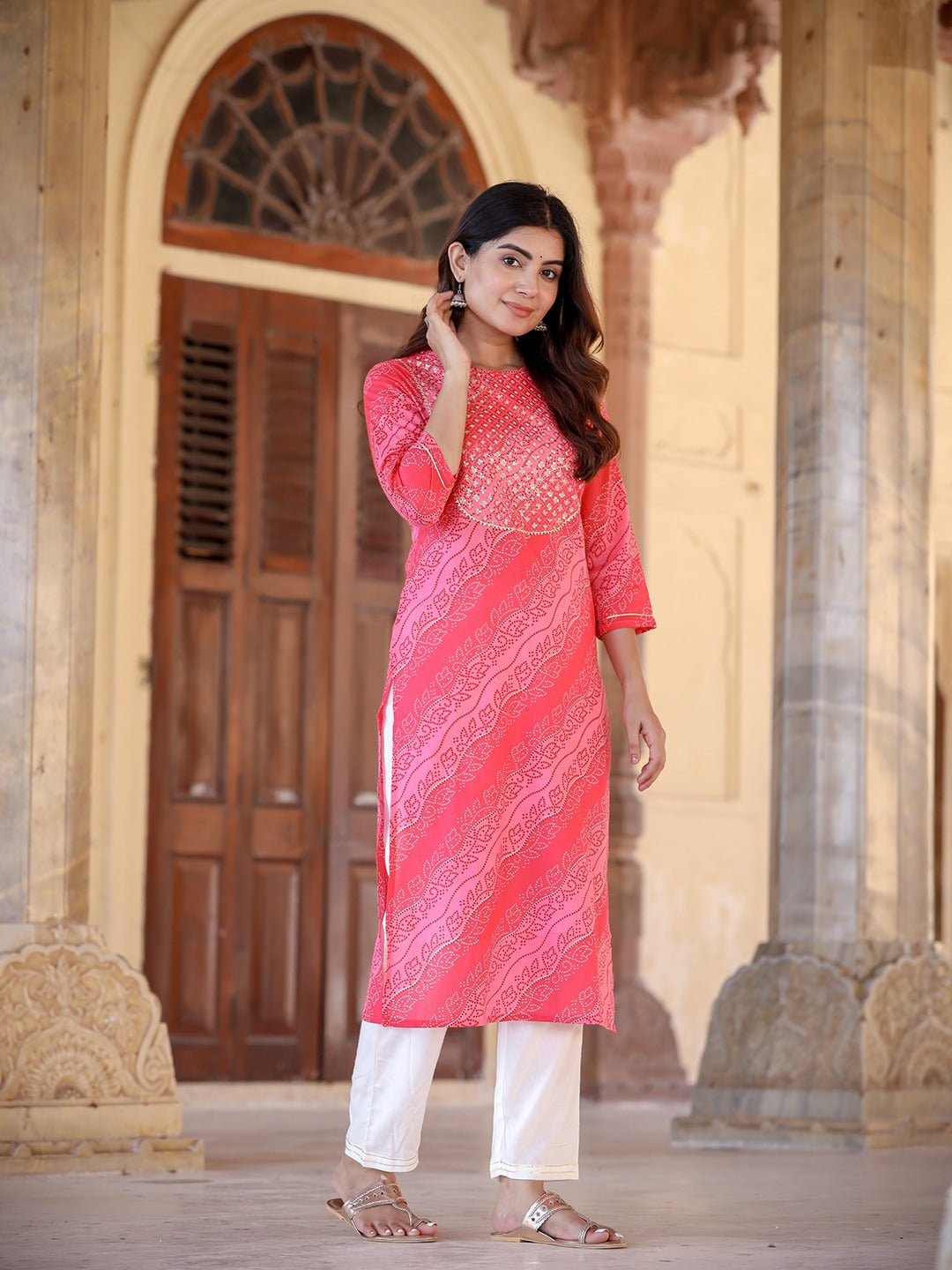 Pink & Offwhite Bhandhej Printed Kurta Set-Yufta Store-9326SETPKS