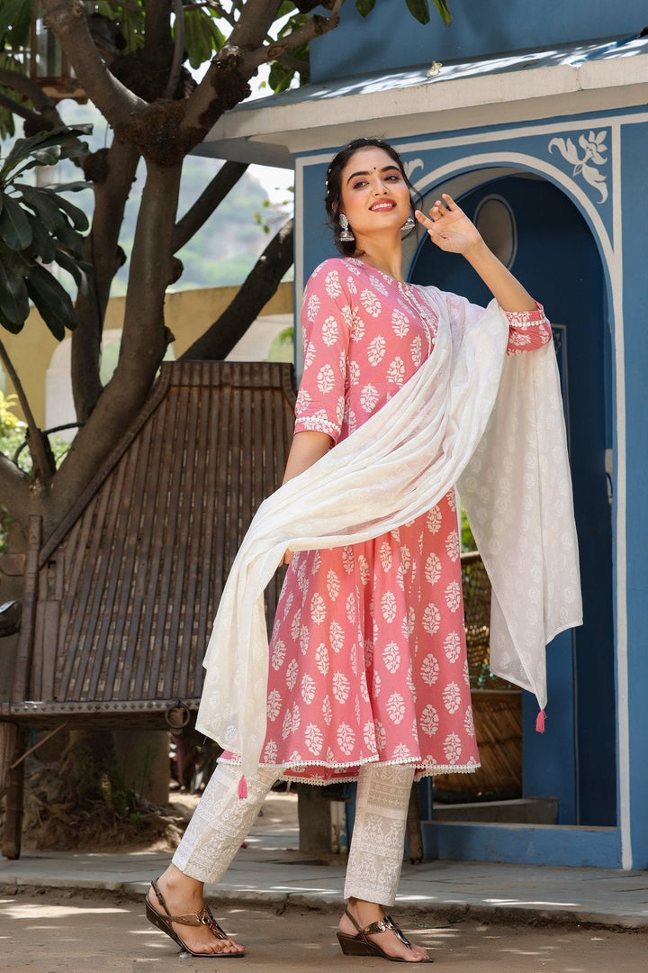 Pink & Offwhite Printed Dupatta Set-Yufta Store-8011SKDPKS