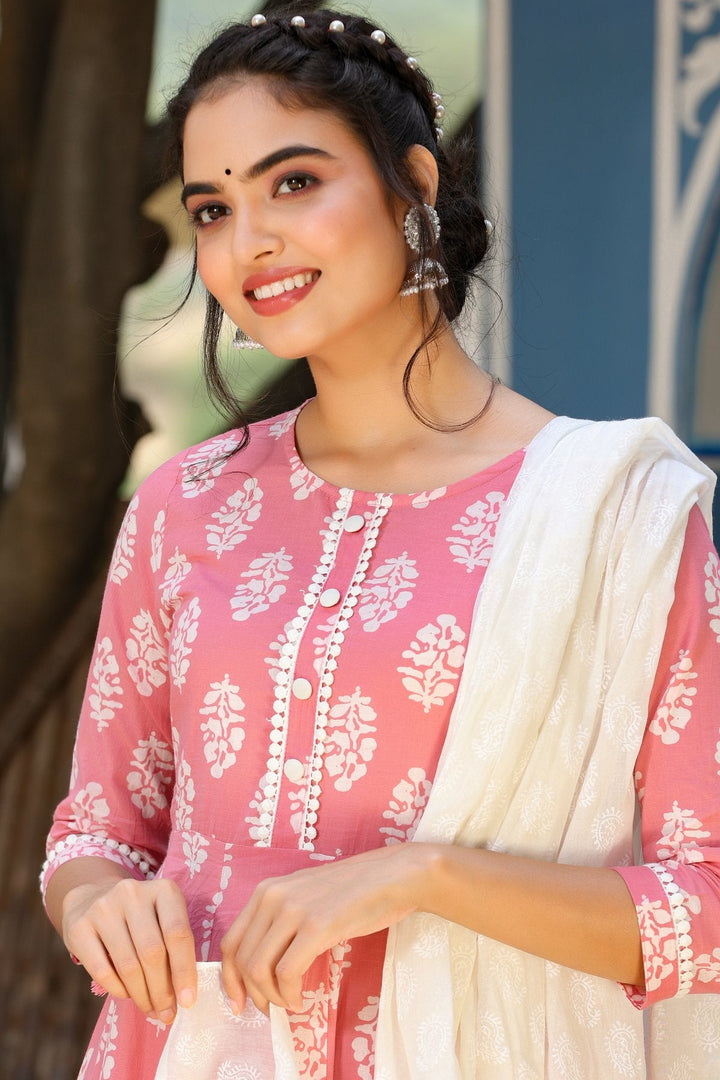 Pink & Offwhite Printed Dupatta Set-Yufta Store-8011SKDPKS