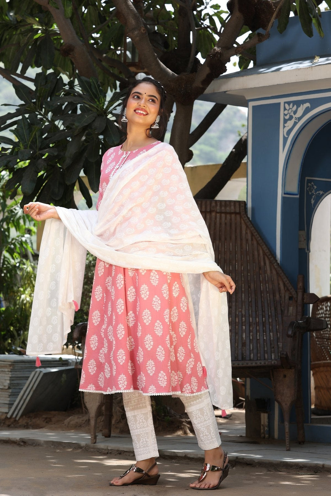 Pink & Offwhite Printed Dupatta Set-Yufta Store-8011SKDPKS