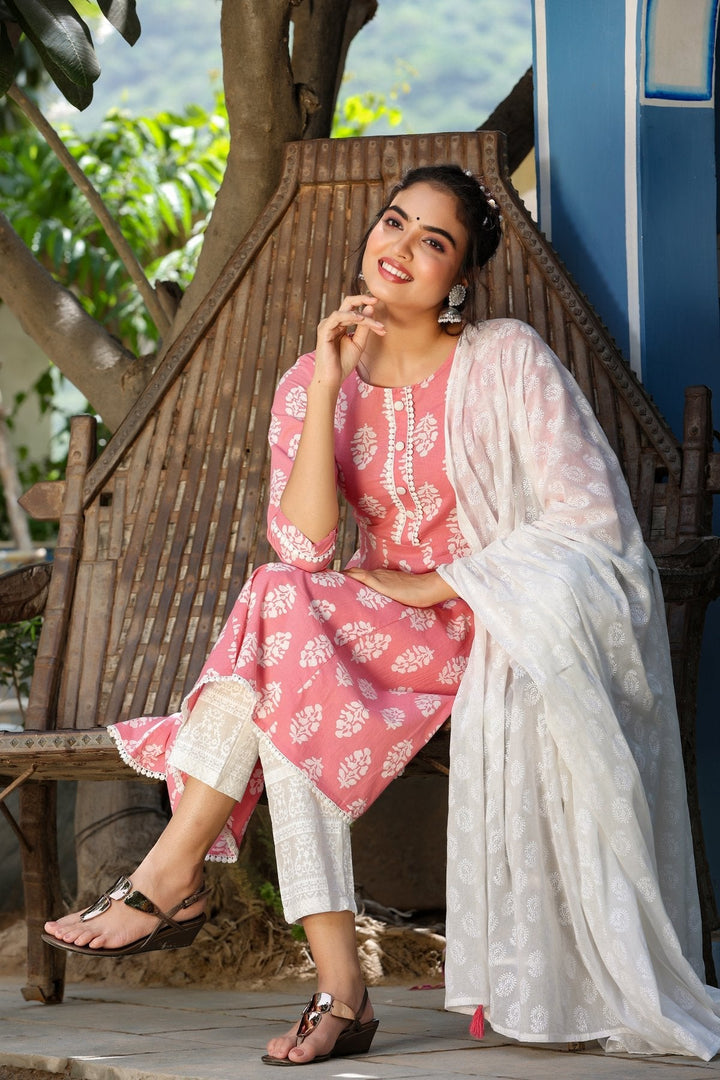 Pink & Offwhite Printed Dupatta Set-Yufta Store-8011SKDPKS