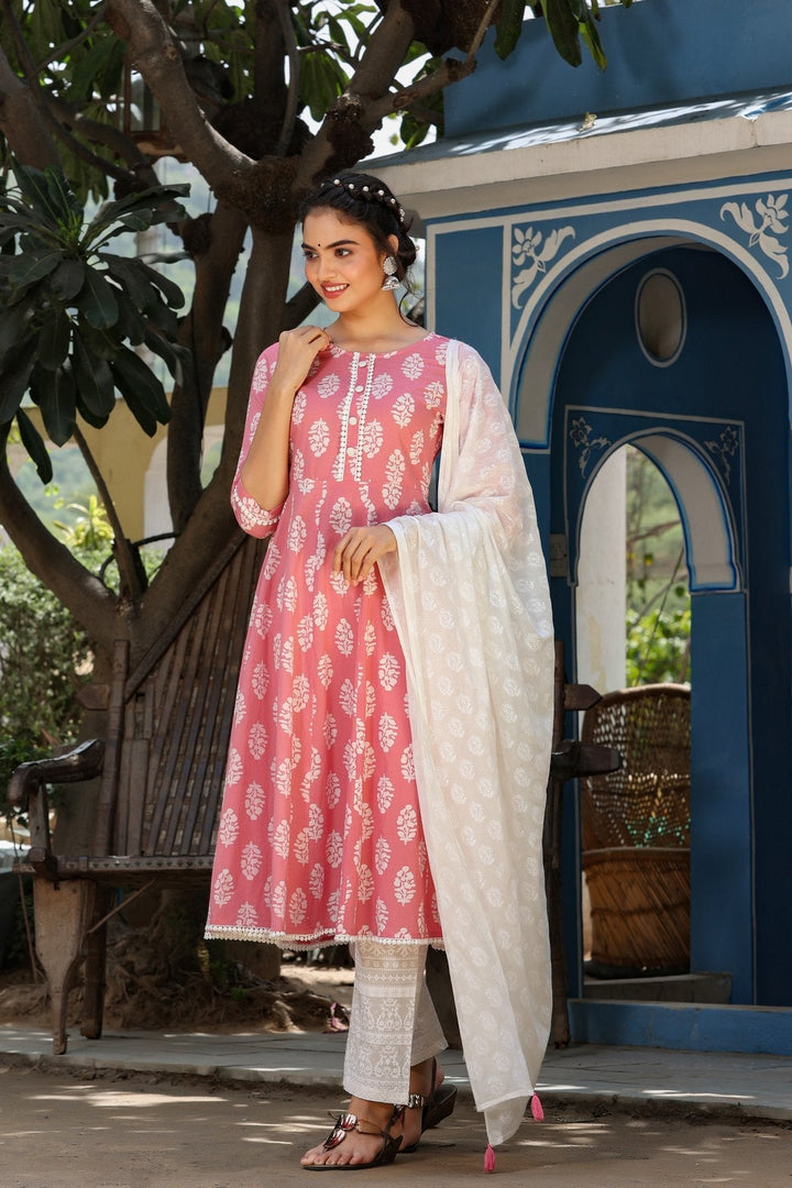 Pink & Offwhite Printed Dupatta Set-Yufta Store-8011SKDPKS