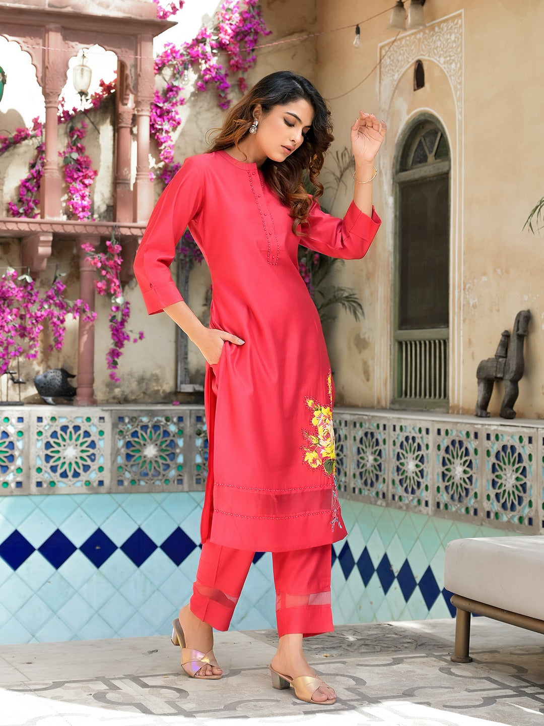 Pink Patch_Work Kurta Trouser Set-Yufta Store-1647SETPKM