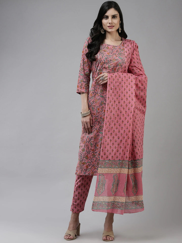 Pink Printed Cotton Dupatta Set-Yufta Store-4772SKDPKM