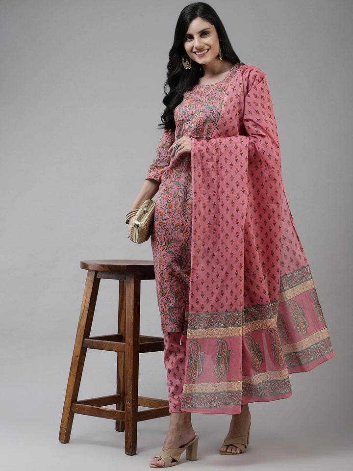 Pink Printed Cotton Dupatta Set-Yufta Store-4772SKDPKM