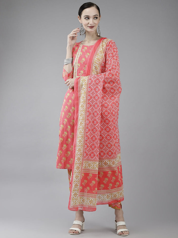 Pink Printed Cotton Dupatta Set-Yufta Store-4779SKDPKM