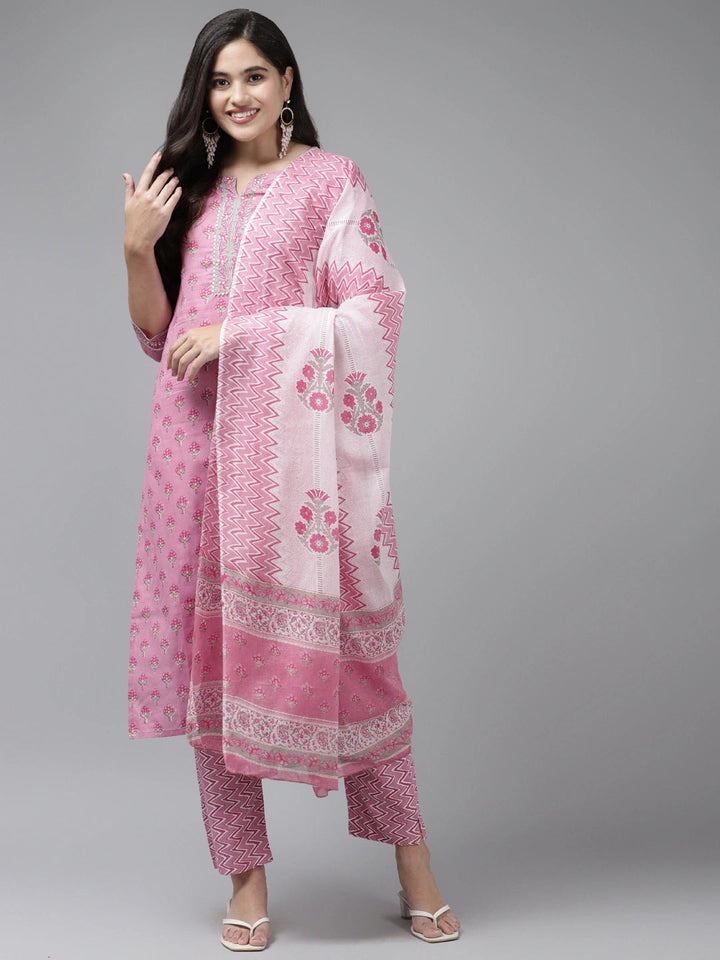 Pink Printed Cotton Dupatta Set-Yufta Store-9839SKDPKS