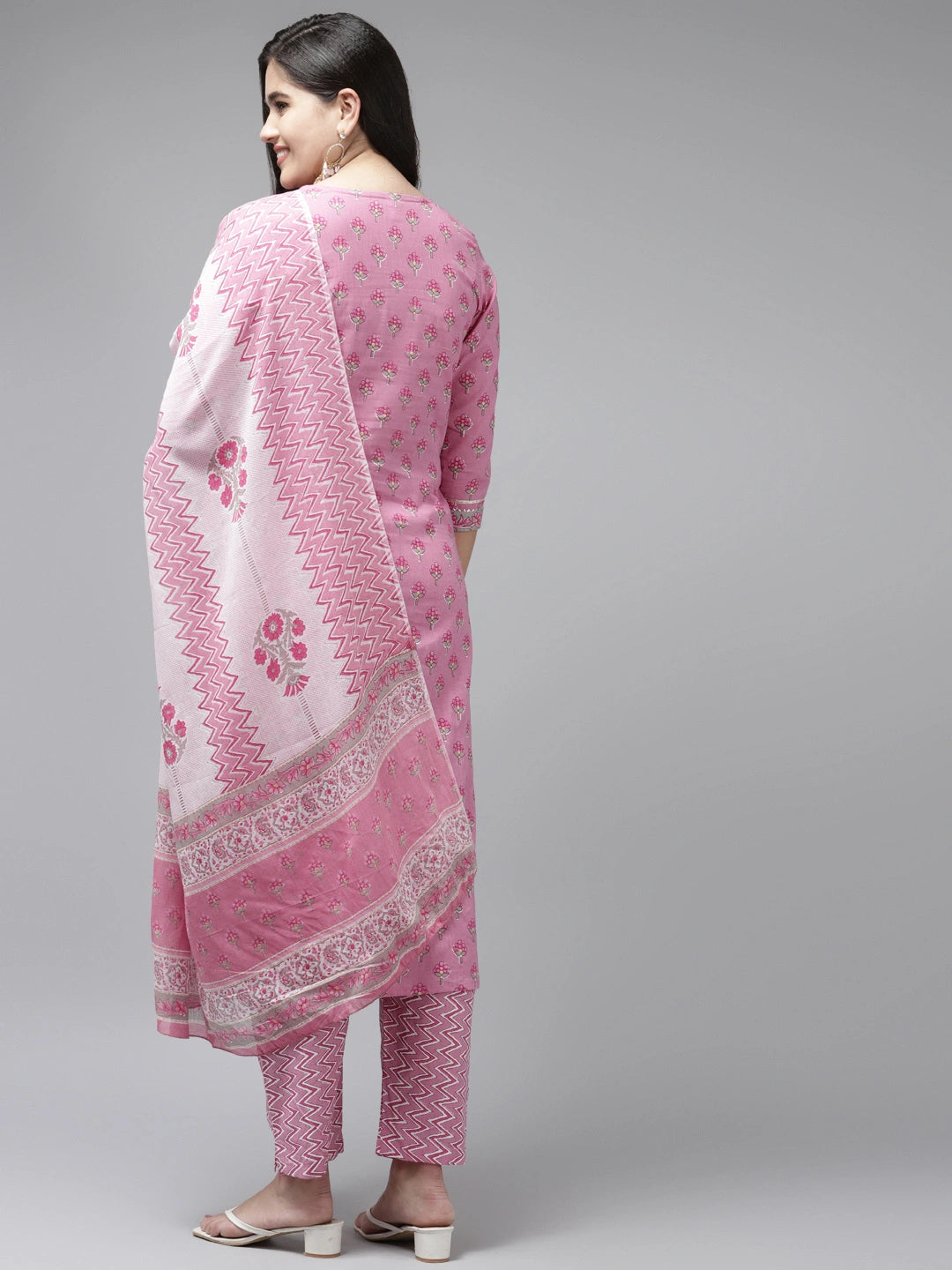 Pink Printed Cotton Dupatta Set-Yufta Store-9839SKDPKS