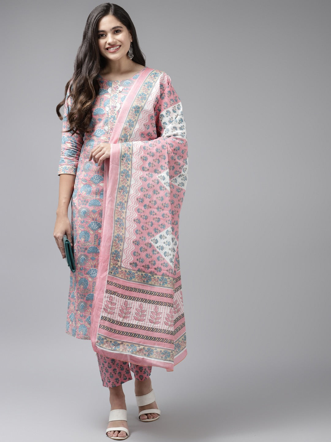 Pink Printed Cotton Dupatta Set-Yufta Store-9841SKDPKS