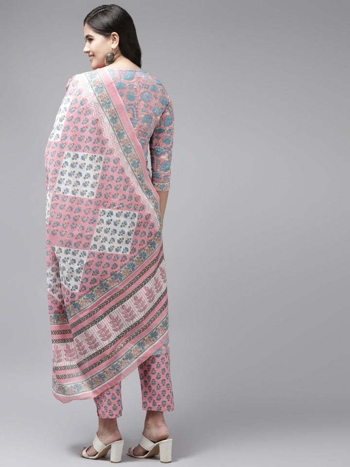 Pink Printed Cotton Dupatta Set-Yufta Store-9841SKDPKS