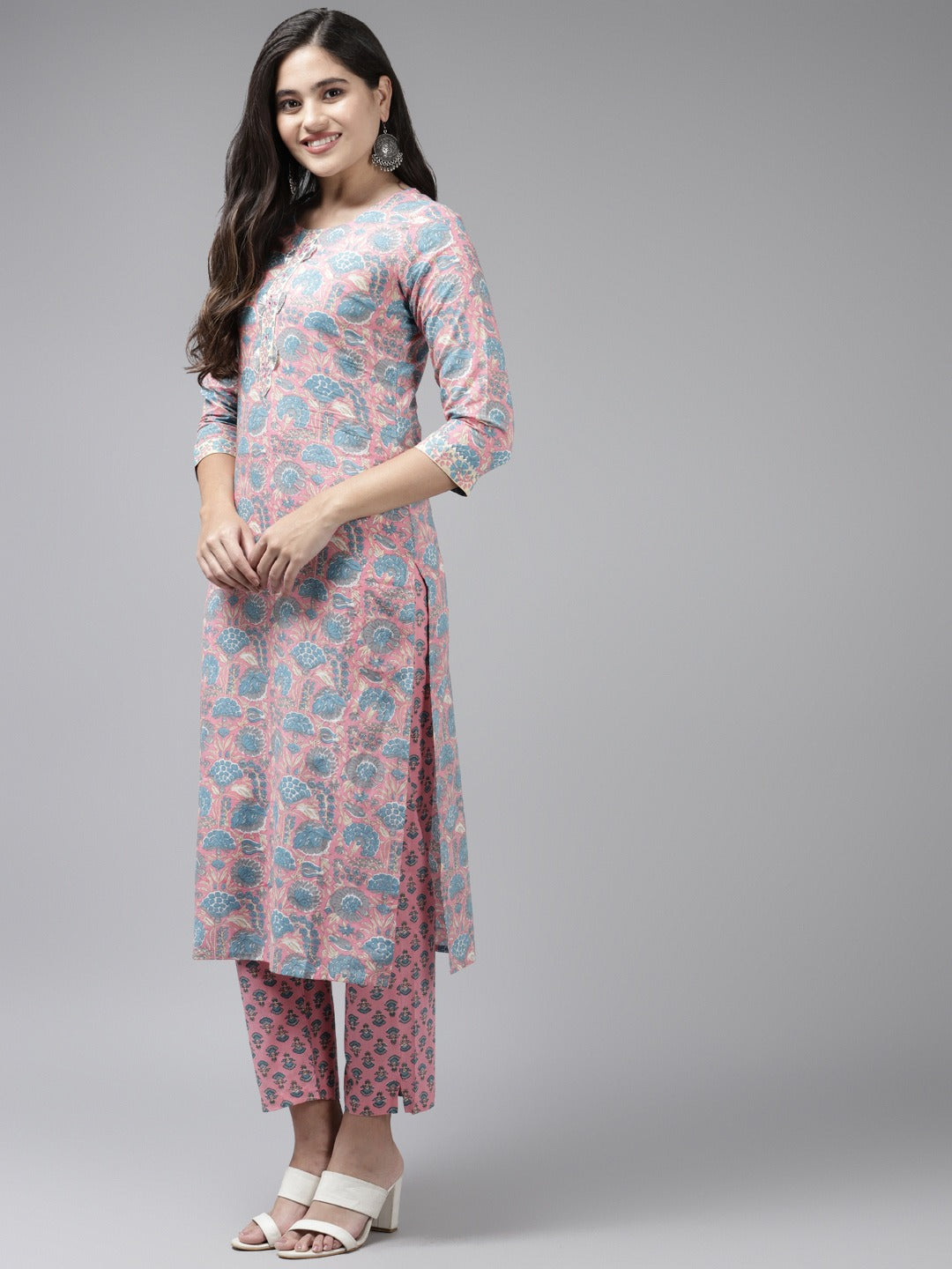 Pink Printed Cotton Dupatta Set-Yufta Store-9841SKDPKS