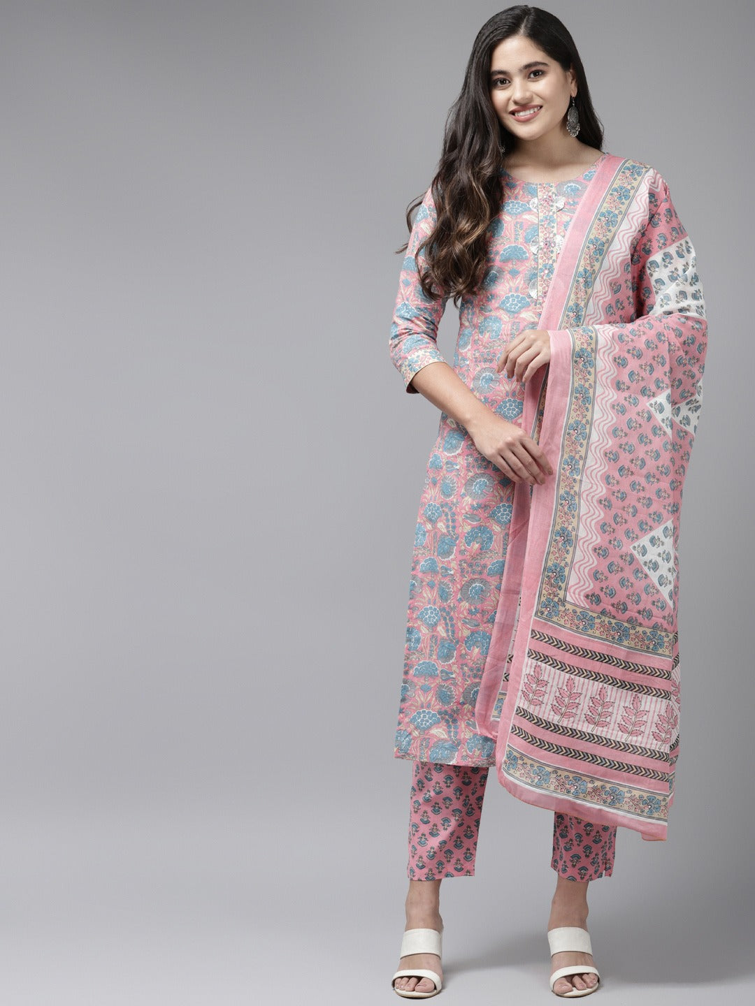 Pink Printed Cotton Dupatta Set-Yufta Store-9841SKDPKS