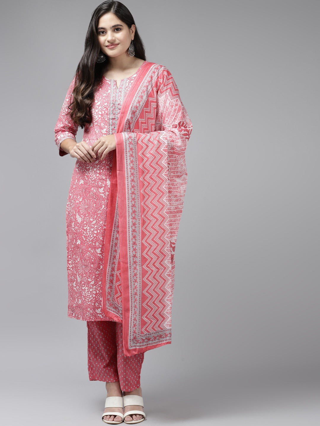 Pink Printed Cotton Dupatta Set-Yufta Store-9842SKDPKS