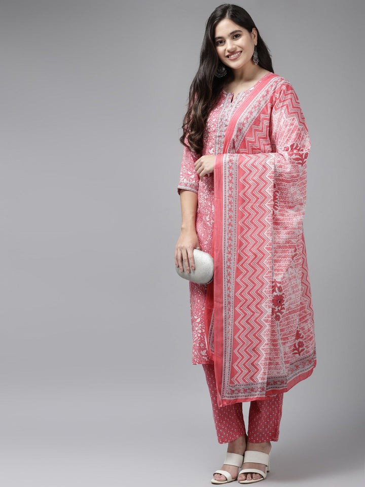 Pink Printed Cotton Dupatta Set-Yufta Store-9842SKDPKS